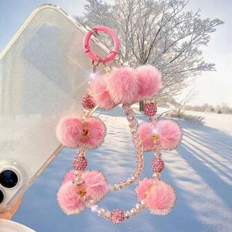 새로운 가을/겨울 진주 비즈 폼폼 폰 랜야드, 짧은 손목 스트랩, 가방/키 체인 펜던트, 둥근 볼 교체 스트랩, 가정 및 야외 캐주얼 데일리 사용