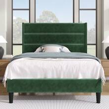 Upholstered Bed 90 X 200 Cm, Bed Frame With Slatted Base And Headboard, Upholstered Double Bed, Dark Green Velvet Fabric Cover, Timeless Modern Design, Youth Bed - Green - View 1