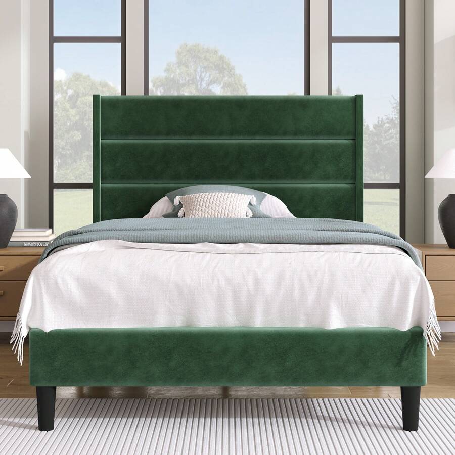 Upholstered Bed 90 X 200 Cm, Bed Frame With Slatted Base And Headboard, Upholstered Double Bed, Dark Green Velvet Fabric Cover, Timeless Modern Design, Youth Bed - Green - View 1