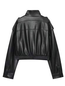 女士PU皮夹克，黑色短款拉链飞行员夹克，宽松长袖外套，适合秋冬季节，时尚街头风 - 黑色 - 查看 5