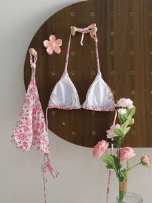 Women's Fashionable Red Ditsy Floral Halter Bikini Set - Multicolor - View 3