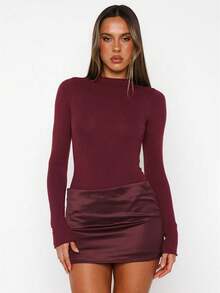 Awevudst Women's Bodycon Elegant Dress Mock Neck Long Sleeves Side Zipper Satin Patchwork Slim Fit Mini Pencil Dresses - Màu Đỏ Sâu - Xem 1