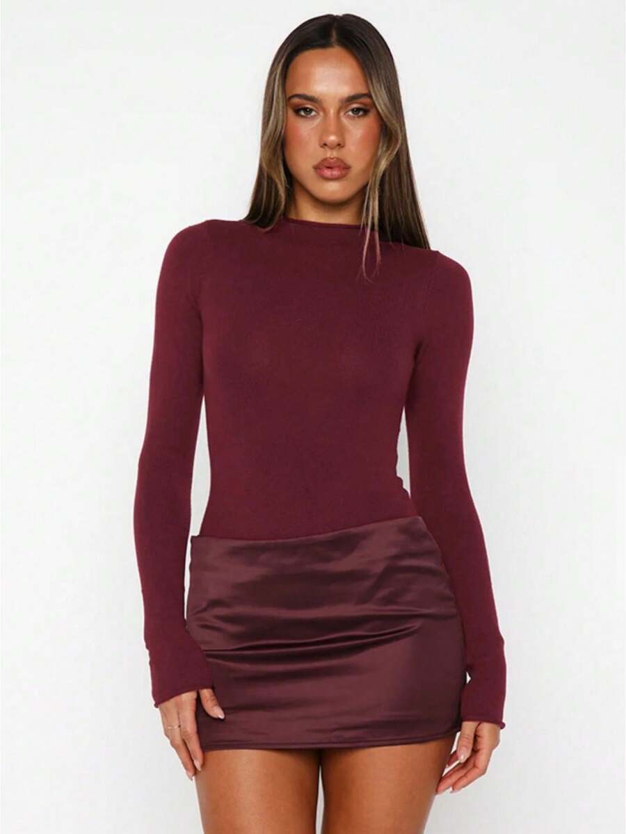 Awevudst Women's Bodycon Elegant Dress Mock Neck Long Sleeves Side Zipper Satin Patchwork Slim Fit Mini Pencil Dresses - Màu Đỏ Sâu - Xem 1