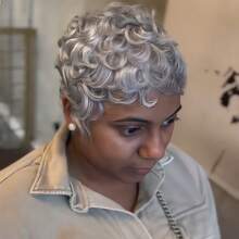 Silvery Gray Pixie Cut Curly Wave Human Hair Wig For Women, Short Loose Wave Style, Glueless Rose Net Cap, Non-Lace Pixie Cut Wigs For Women, With Bangs Ideal Mommy Wig Perfect For Daily Use Wear, Halloween Costumes, Christmas - SSilver Gray - View 8
