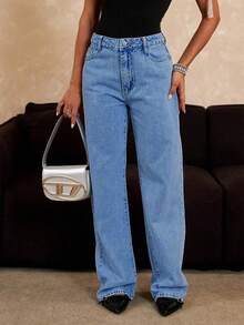 Women's Denim Jeans - Wide-Leg Loose Fit Mid-Rise Boyfriend Jeans, Y2K Style Denim Pants - 中等水洗藍 - 查看 7