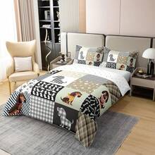 % Cotton Pink Dachshund Comforter Cover, Flower Floral Bedding Set, Kawaii Sausage Dog Duvet Cover, Lovely Puppy Quilt Cover, Soft Comfy, Dachshund Bedding - 黑色 白色 灰色 - 查看 3