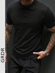 GRDR 男士经典Polo领针织短袖衬衫，适合夏季休闲穿着 - 黑色 - 查看 1