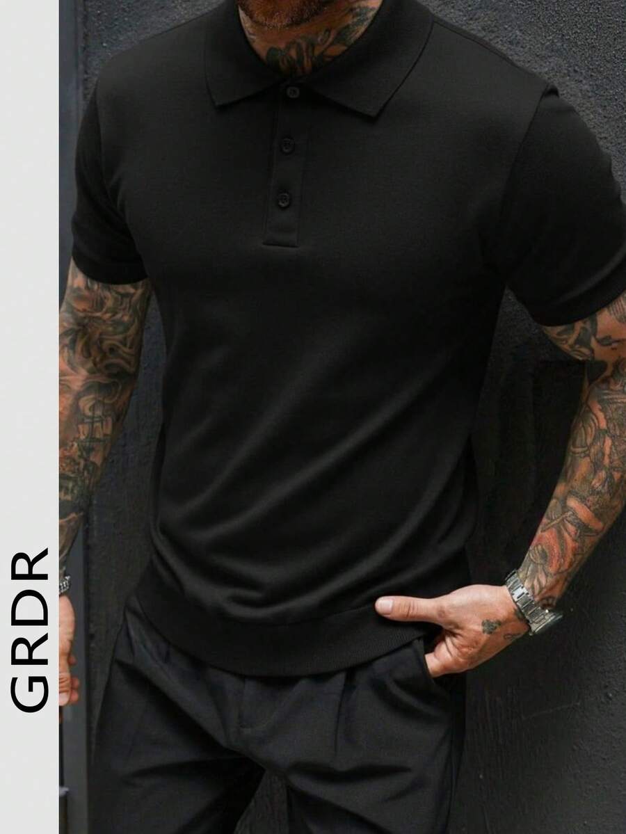 GRDR 男士经典Polo领针织短袖衬衫,适合夏季休闲穿着 - 黑色 - 查看 1