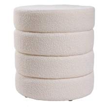 Round Pouffe Stool Liviing Room Bedroom Footstool Teddy Fleece Dressing Table Stool Hallway Shoe Stool - Cream White - View 8