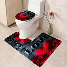 1pc/3pcs/4pcs Valentine's Day LOVE Rose Flower Heart Multifunctional Bathroom Decor Shower Curtain Set, Free 12 Hooks Included, Elegant Holiday Atmosphere, Bathroom Mat, U-Shaped Toilet Mat And Round Toilet Mat, Suitable For All Scenarios Bathroom Set - Multicolor - View 22