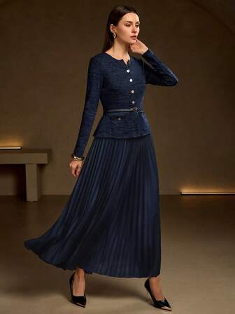 女士优雅复古中长连衣裙 - 长袖，针织和梭织面料混纺，荷叶边细节，金属纽扣，金属腰带，适合商务休闲、毕业典礼、婚礼季、圣诞节和正式场合。