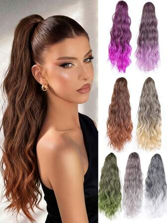 Large Grip Clip Synthetic Wig With Gradient Water Ripple Ponytail 20 Inch Ponytail Hair Extensions Long Curly Wavy Ponytail Fluffy Clip On Pony Tails Synthetic Hairpiece Suitable For Women's Daily Wear And Gatherings