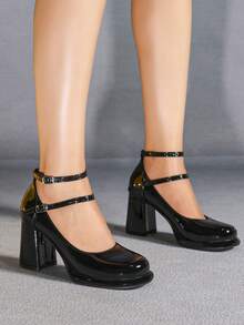 女士黑色圆头粗跟复古派对休闲优雅校园风日常简约舒适厚底玛丽珍高跟鞋 - 黑色 - 查看 5