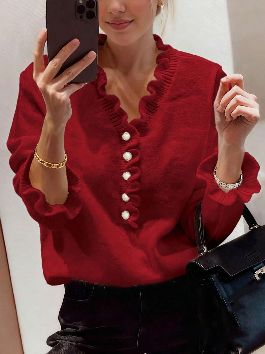 Women's Elegant Comfortable Solid Color Long Sleeve V-Neck Mushroom Button Sweater, Autumn/Winter - Red (new) - View 1