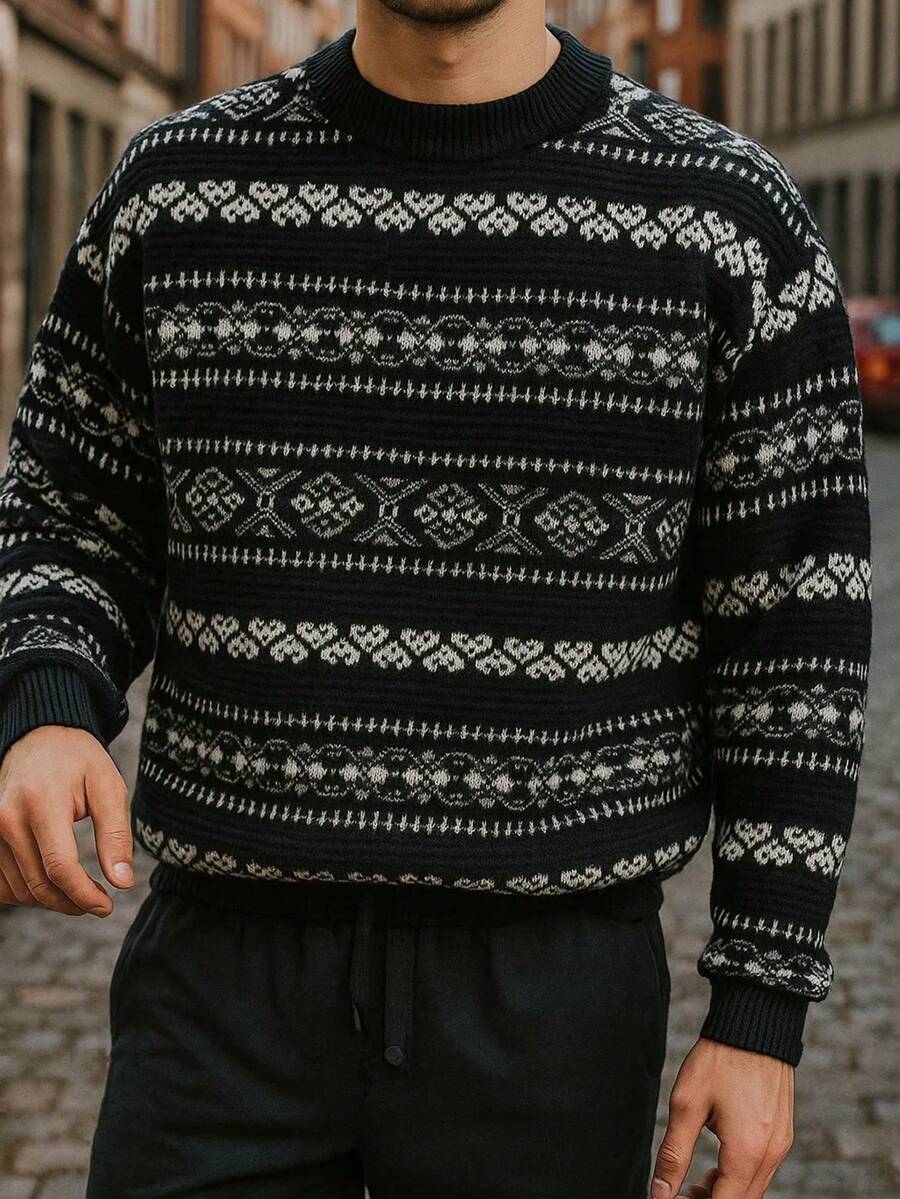 BAI YUE -Inspired Relaxed-Fit Geometric Pattern Crewneck Pullover Knit Sweater For Men, For Fall Winter - Black - View 1