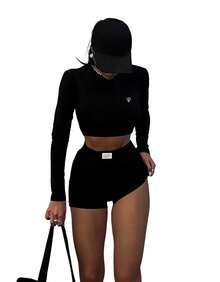 Cropped Top Thermal Second Skin UV Protection Fitness Gym Casual Knitted Fabric Asymmetrical Fitness, Sports Home Holiday School Beach Travel Daily Sports And Fitness Winter, Summer - 黑色 - 查看 3