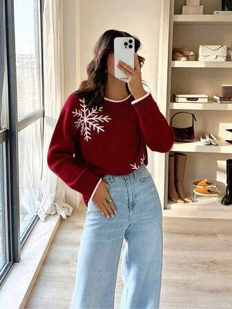 Christmas Red Snowflake Pattern Crew Neck Casual Knit Sweater For Women