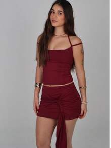 Women's Skirt With Knot And Straps, Double Lining, Polyamide, Stylish, Fashionable For New Year's Eve. - Màu Đỏ Sâu - Xem 1