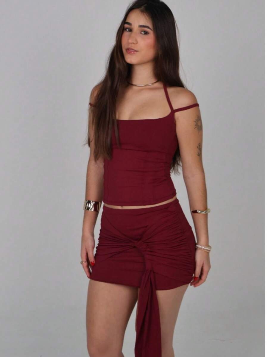 Women's Skirt With Knot And Straps, Double Lining, Polyamide, Stylish, Fashionable For New Year's Eve. - Màu Đỏ Sâu - Xem 1