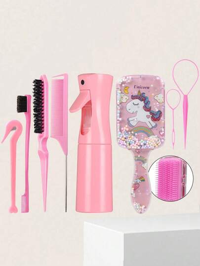 8件套美发造型套装，包含可爱卡通梳子、200毫升喷雾瓶、编发工具、尖尾梳、造型梳、发圈、剪刀、护发产品及配件，旅行必备