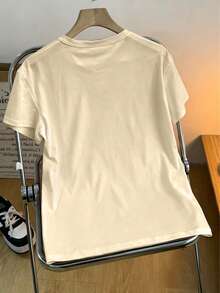 Camiseta con estampado de letras, de manga corta y cuello redondo, top casual para primavera/verano, de manga corta a la moda, camiseta de mujer cómoda de cuello redondo, camiseta casual diaria de mujer, ropa de verano, ropa de mujer, casual versátil, ropa de mujer de otoño, ropa de invierno, ropa exterior - Albaricoque - Ver 3