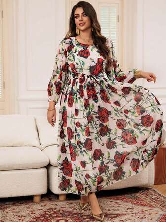 情人节玫瑰印花长袖优雅浪漫阿拉伯风格连衣裙，穆斯林服装