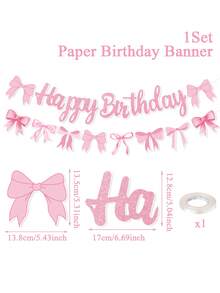 1 Set Pink Bow Shiny Happy Birthday Banner, Pink Bow Birthday Party Hanging Banner, Glitter Happy Birthday Bow Wreath Banner, Birthday Party Backdrop Decor, Pink Bow Theme Birthday Party Supplies, 1st Birthday Party Banner, Birthday Party Decorations, Room Decor, Home Decor, Happy Birthday Bunting