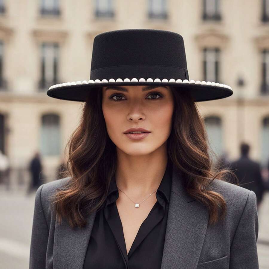 Wide Brim Flat Top Hat For Women Stylish Decorative Black Band Pearl Fedora Cap For Wedding Party - màu đen - Xem 1