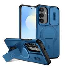 适用于三星 Galaxy A16/A17/A26/A36/A56 的折叠支架手机壳，带滑动摄像头盖 + [全面保护摄像头]，也可用于 S24 / S24 FE/S25 / S25 Ultra/S25/S25 FE，配备磁吸车载支架，哑光质感防震手机保护壳，滑动盖设计，时尚美观，是圣诞礼物和冬季礼物的理想之选。 - 藍色 - 查看 2