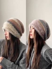 JOYLORD 1 件女士针织无檐便帽，宽松保暖毛绒护耳帽，宽松、百搭、可爱，适合冬季