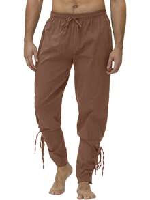 Men's Solid Color Drawstring Waist Medieval Costume Cosplay Renaissance Viking Pants - Brown - View 4