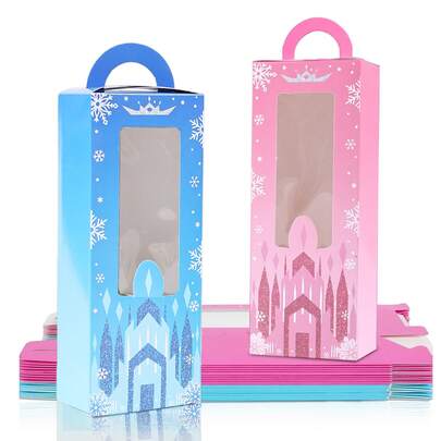 Cajas de regalo con diseño de Frozen en azul y rosa - Bolsas de regalo con ventana transparente para fiestas de cumpleaños, baby showers, revelación de género y celebraciones festivas - Fácil de armar