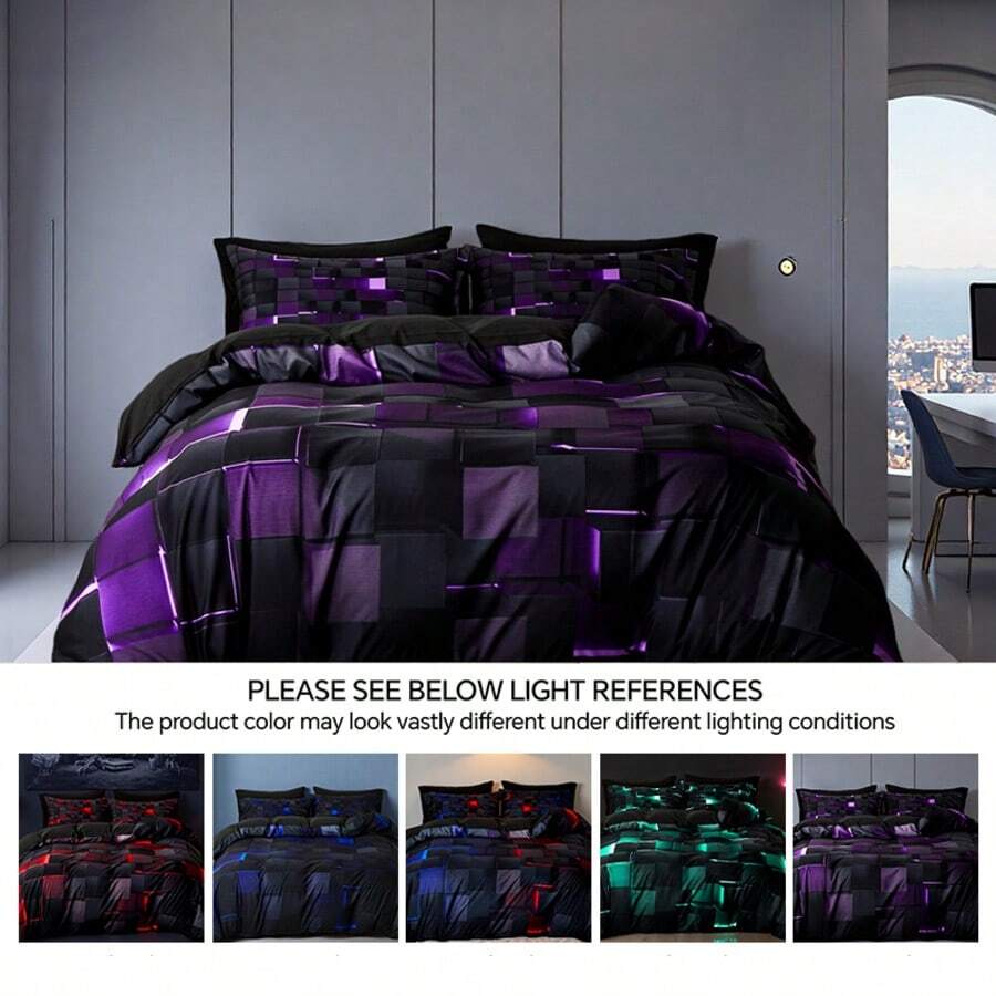 2/3 Duvet Cover Set, Geometric Kids Bedding Set, 1 Duvet Cover 1/2 Pillow Cases Cool Room Decor All Season B-Side Black, Honeycomb Bedding Sets For Kids Teen Adult Boy Room Decor Ultra-Soft Lightweight Microfiber - 紫色 - 查看 1