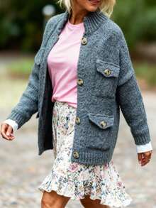 New Arrival Women Casual Solid Color Button Up Knit Cardigan, Autumn & Winter - Dusty Blue - View 1