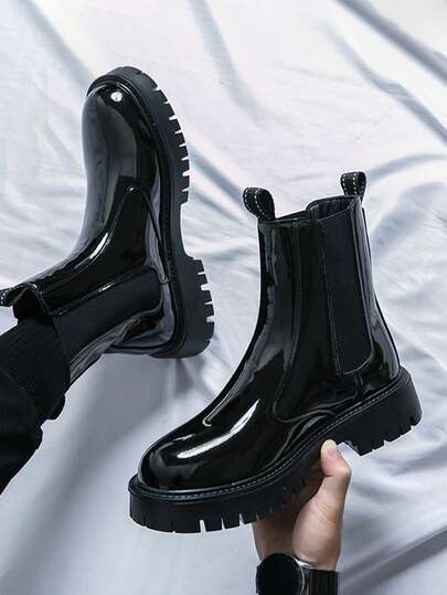 Chelsea Boots For Men, Patent Leather Slip-On Round Toe Shiny Formal Shoes, European Style Thick Sole Ankle Boots, Chunky Heel Men's Green High Heel Straight Tube Boots Men's Black & Green Retro Motorcycle Boots, High-Top Men's Simple Fashion High-Top Casual Shoes, Suitable For Outdoor Hiking And Driving, Vintage Cowboy Boots, Matte Office Daily Shoes, Breathable Lightweight Non-Slip All Season Plus Size 38-46