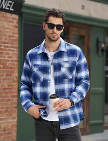 Flannel Shirt For Men Cotton Long Sleeve Plaid Shirt Lightweight Button Up Checkered Shirt Jacket With 2 Pockets - 棕色 - 查看 8