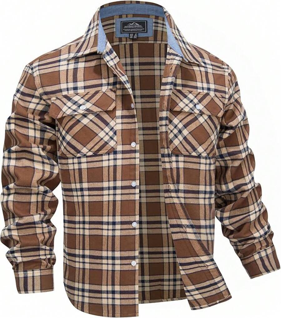 Flannel Shirt For Men Cotton Long Sleeve Plaid Shirt Lightweight Button Up Checkered Shirt Jacket With 2 Pockets - 棕色 - 查看 1