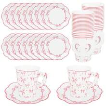 D48 Pcs Paper Tea Cups And Plates Pink Bow Party Plies Bowknot Disposable Paper Teacups And Saucer Sets Coquette Birthday Decorations For Wedding Baby Shower Tea Party Serve 24 - 粉紅白 - 查看 1