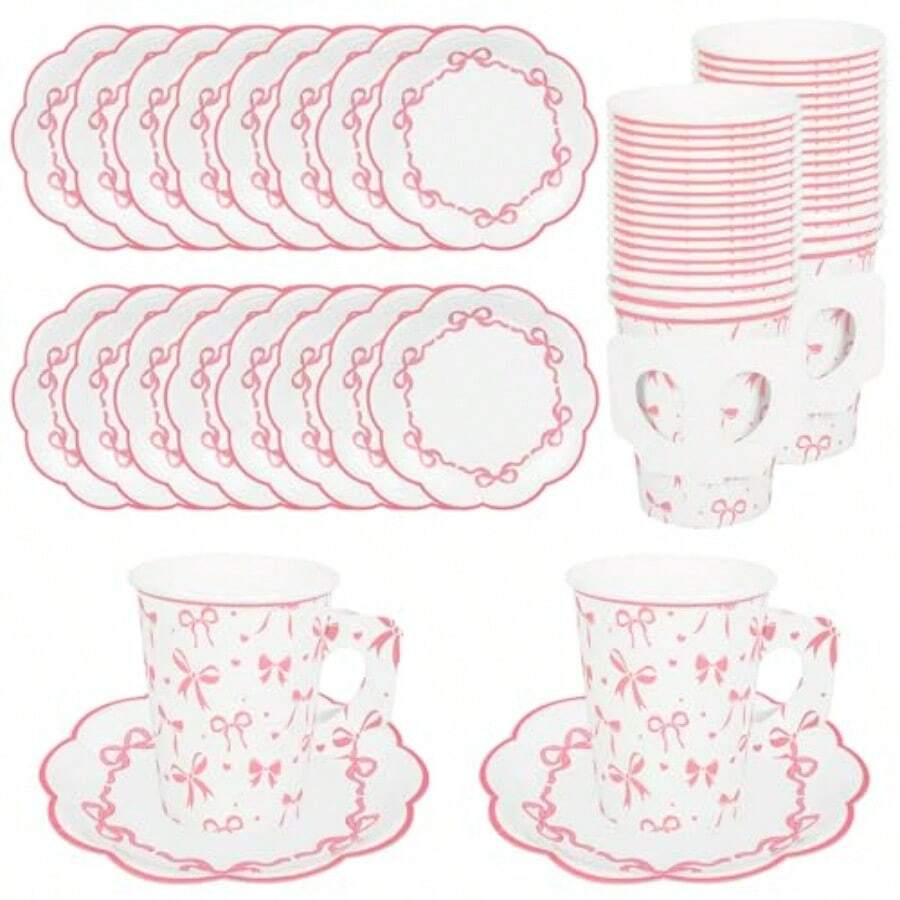 D48 Pcs Paper Tea Cups And Plates Pink Bow Party Plies Bowknot Disposable Paper Teacups And Saucer Sets Coquette Birthday Decorations For Wedding Baby Shower Tea Party Serve 24 - 粉紅白 - 查看 1
