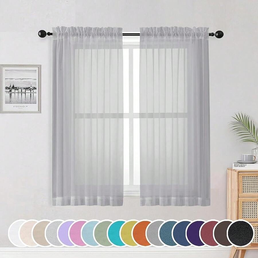 Light Grey Sheer Curtains 54 Inch Length For Living Room Bedroom 2 Panels Set, Elegant Rod Pocket Airy Solid Curtains For Small Window, Soft Breathable Dining Room Curtains, 42Wx54L Inch,42inchWx54inchL(Packof2),LightGrey - 淺灰色 - 查看 1