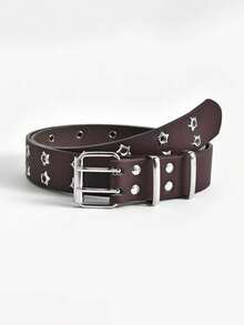 1 Piece Y2K Punk Star Studded Adjustable Size Faux Leather Wide Waist Belt - With Shiny Metal Star Rivets & Silver Chain Detail, Durable Faux Leather Material, Waist Cinching & Figure Flattering Design, Fashion Waist Accessory For Women