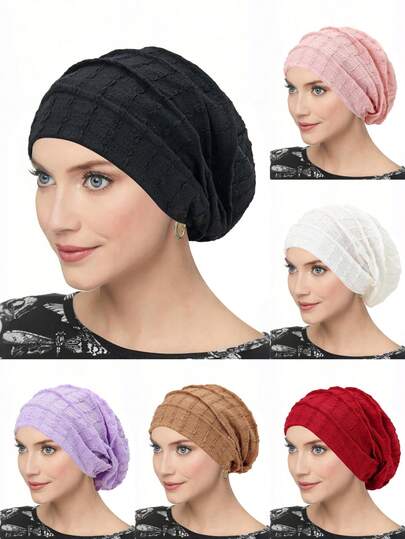 1pc New Pleated Beaded Headscarf, Breathable & Comfortable Muslim Women Solid Color Turban Cap
