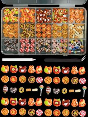 1 caja Encantos de uñas 3D de dibujos animados Simulación de pizza, oso de chocolate, helado, rosquilla, paleta, mini juguetes de comida, accesorios de arte de uñas DIY de resina simulación de postre lindo con pinzas y bolígrafo
