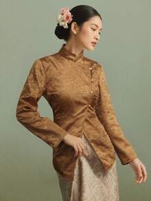 Kebaya Traditional Top Malaysia Long Sleeved Waist Cinched Shirt Blouses Shirts Top For Women