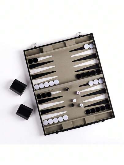 Juego de backgammon de 15 pulgadas en piel de poliuretano negra - Juego de backgammon clásico para 2 jugadores con 32 piezas, dados y vasos para viaje