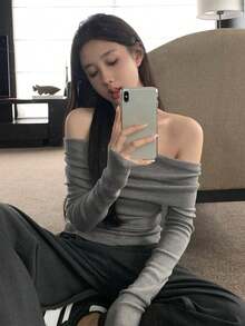 Un hombro de punto las mujeres de otoño de manga larga ajustada camisa de fondo picante sexy sin tirantes tops cortos blusas elegantes dama - Gris - Ver 4