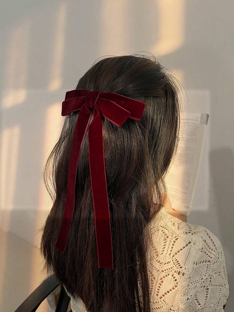 1pc Women's Burgundy Velvet Fashionable Simple Hair Clip With Bow Knot Detail, Suitable For Daily Use Elegant Claw Clips Hair Claws Hair Barrettes, School Stuff, College, Winter Outfit For Women, Bows, Cute - 酒紅色 - 查看 1