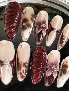 10pcs 3D Wavy, Floral Design Artificial Nails, Red-Brown Color, Almond Shape Press-On Nails, Handmade For Women & Girls Daily Wear Nail Supplies Handmade Press On Nails - 咖啡棕 - 查看 3
