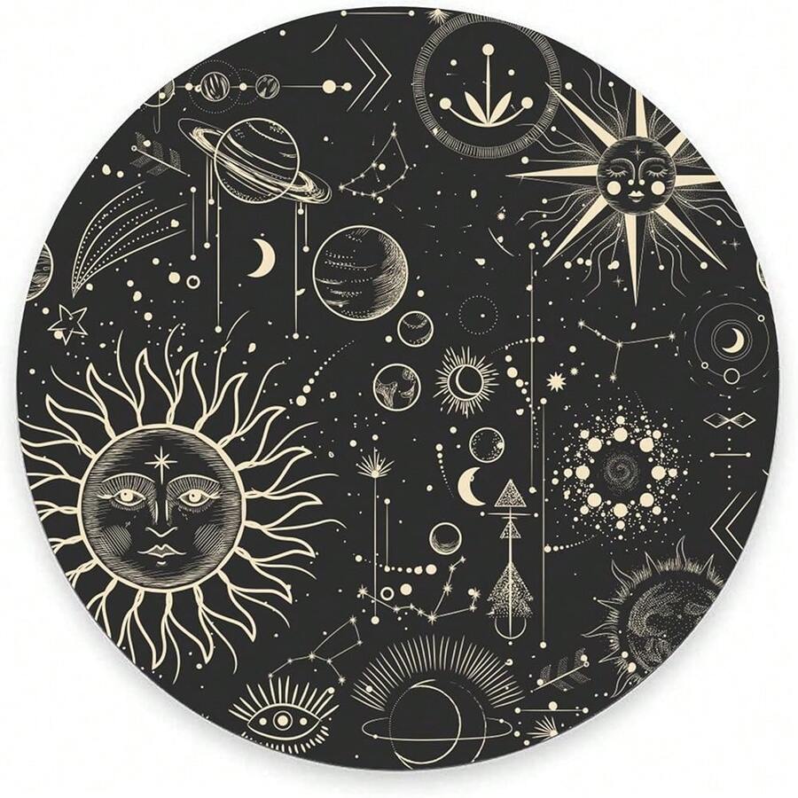 Round Pad, Celestial Pattern Sun And Moon Pad, Washable Gaming Pads With Lycra Cloth, Non-Slip Rubber Base Computer Small Pads For Wireless ,20SunandMoon - 20太陽和月亮 - 查看 1