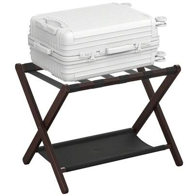  SONGMICS Estante de Equipaje de Bambú para Habitación de Invitados, Soporte Plegable para Maletas con Estante de Tela, para Hotel, Dormitorio, Carga de 60 kg, Marrón Castaño
